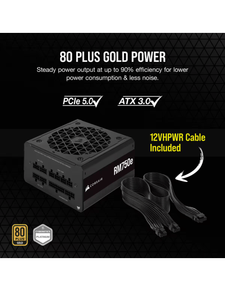 CORSAIR PS 750W, RM750e Fully Modular Low noise, 80+ Gold, 120mm fan