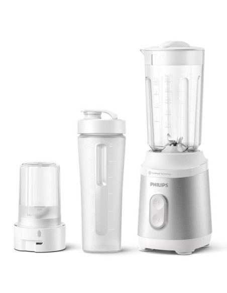 PHILIPS Мини блендер серия 3000 350W ProBlend 2 настройки за скорост кафе и подправки смила бяла бутилка в движение